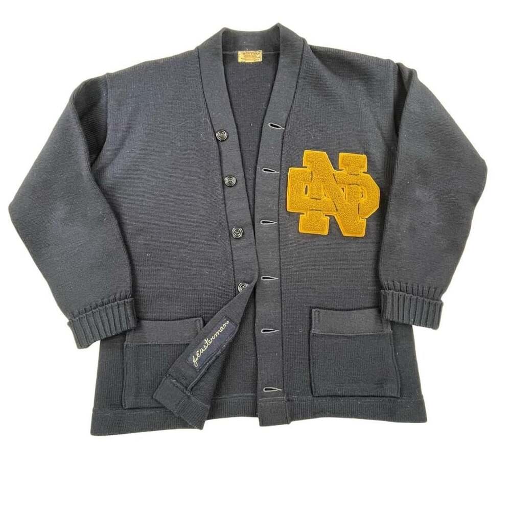 Vintage 1940s Notre Dame Varsity Letterman Cardigan Sand Knit - Sz 46